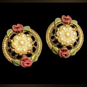 Vintage Style Gold Metal Floral Pearl Enamel Pierced Earrings 128 Jewelry Co.